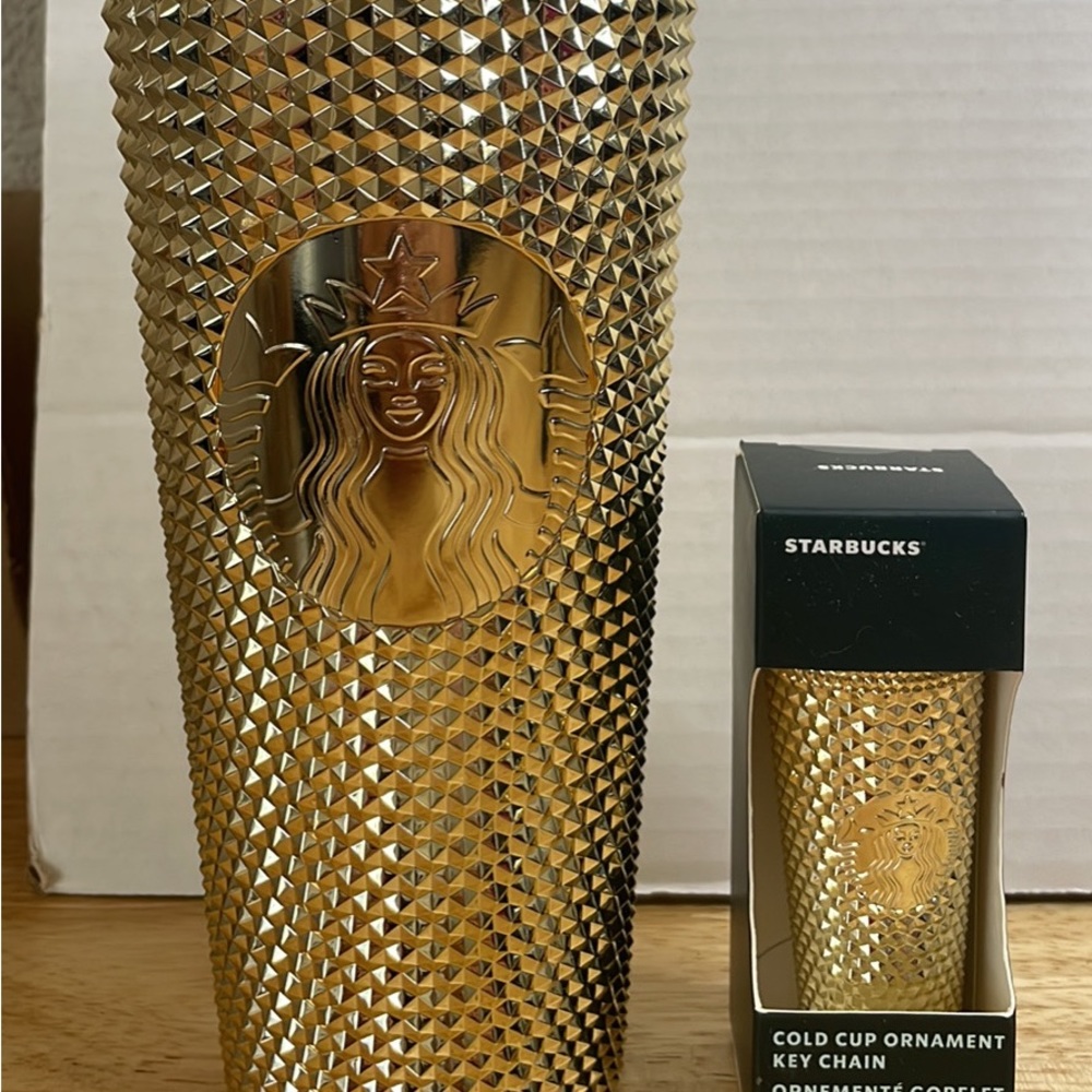 Gold Starbucks Tumbler and Ornament Key Chain New